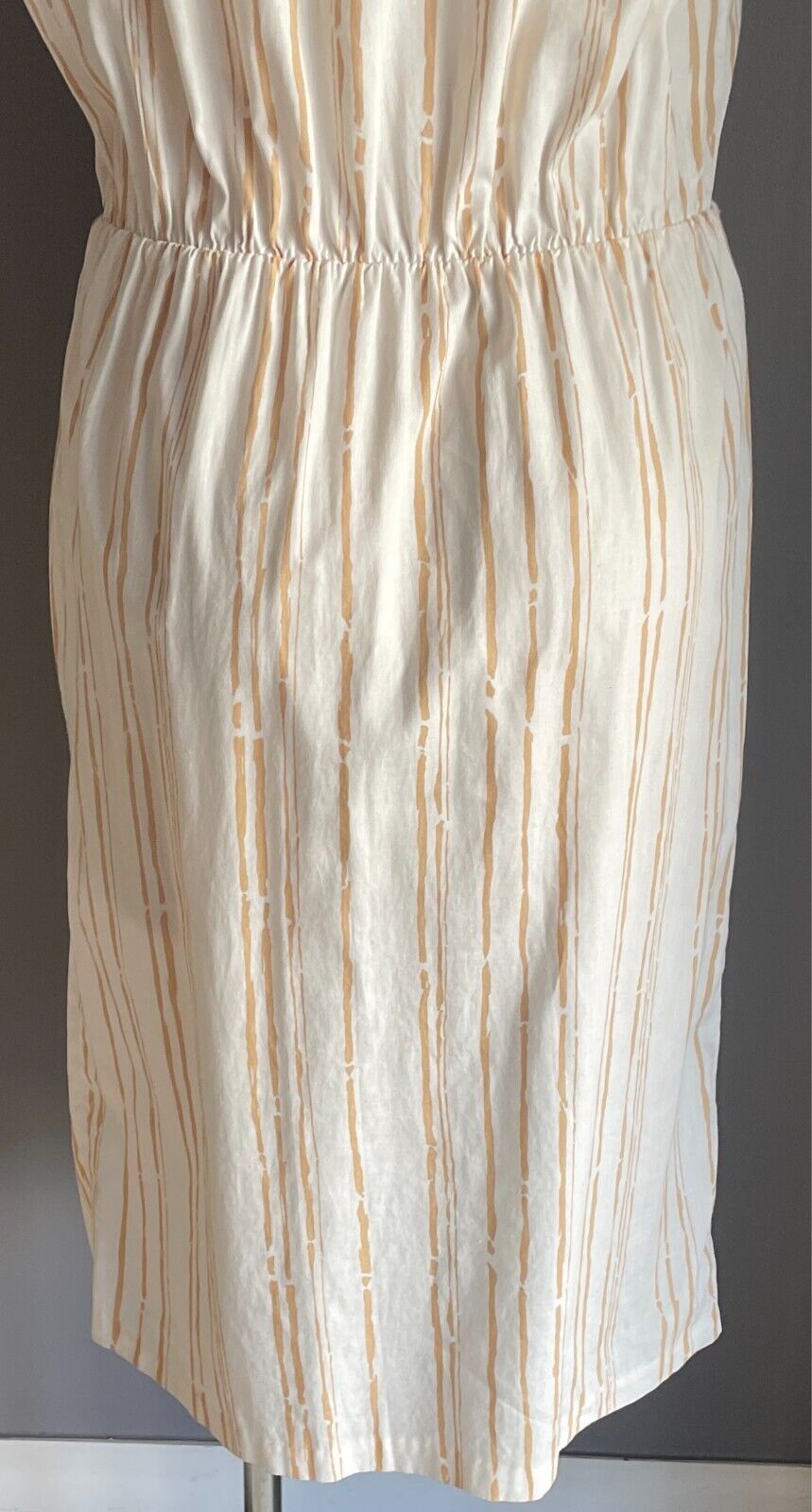 Vintage Dress White & Caramel Print Elastic Waist Sleeveless Size 14 Cotton