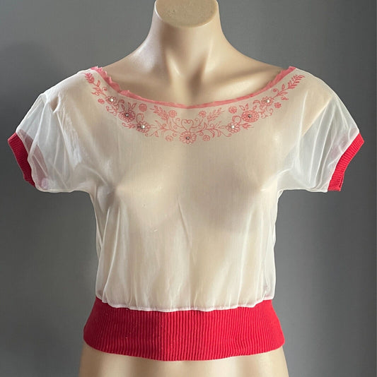 Vintage Blouse Semi Sheer Crop Top Size 10 Floral Trim Crystal Stud Red Rib Trim