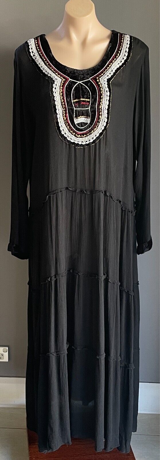 PEACE ANGEL Maxi Dress Black Long Sleeve Tier Size XL Semi Sheer Embroidery Trim