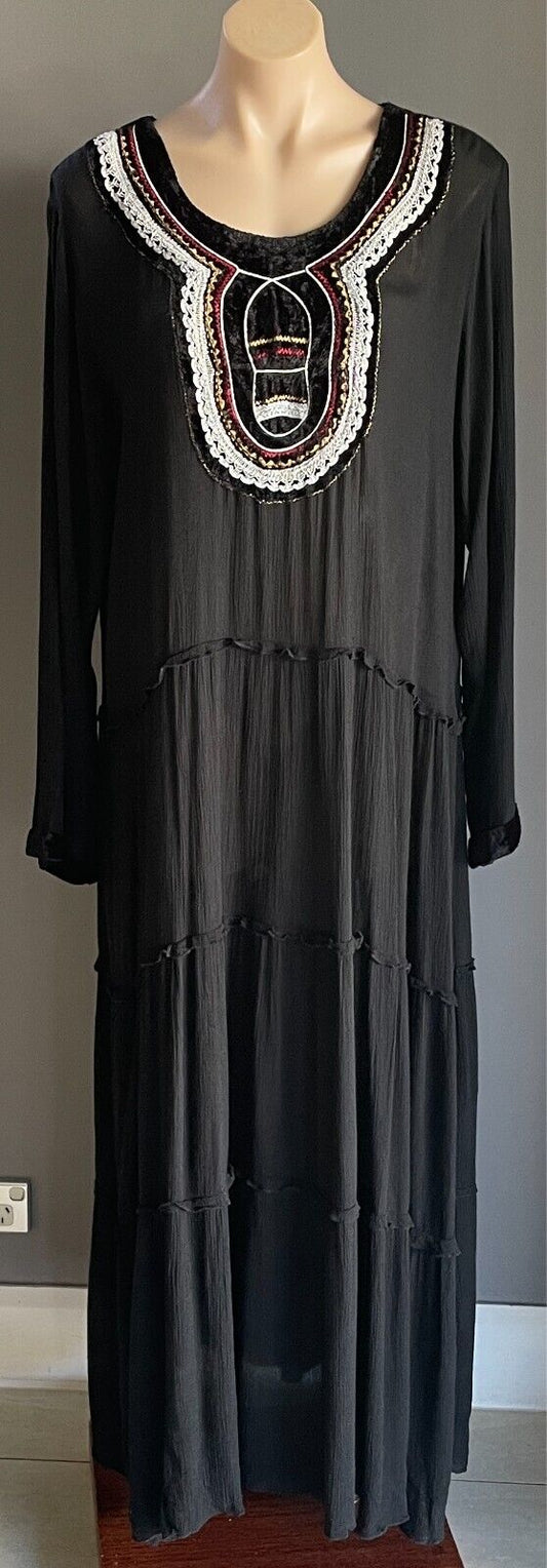 PEACE ANGEL Maxi Dress Black Long Sleeve Tier Size XL Semi Sheer Embroidery Trim