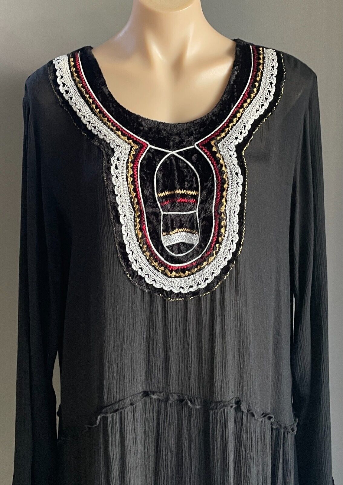 PEACE ANGEL Maxi Dress Black Long Sleeve Tier Size XL Semi Sheer Embroidery Trim