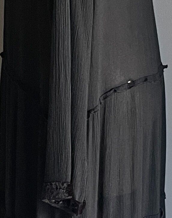 PEACE ANGEL Maxi Dress Black Long Sleeve Tier Size XL Semi Sheer Embroidery Trim