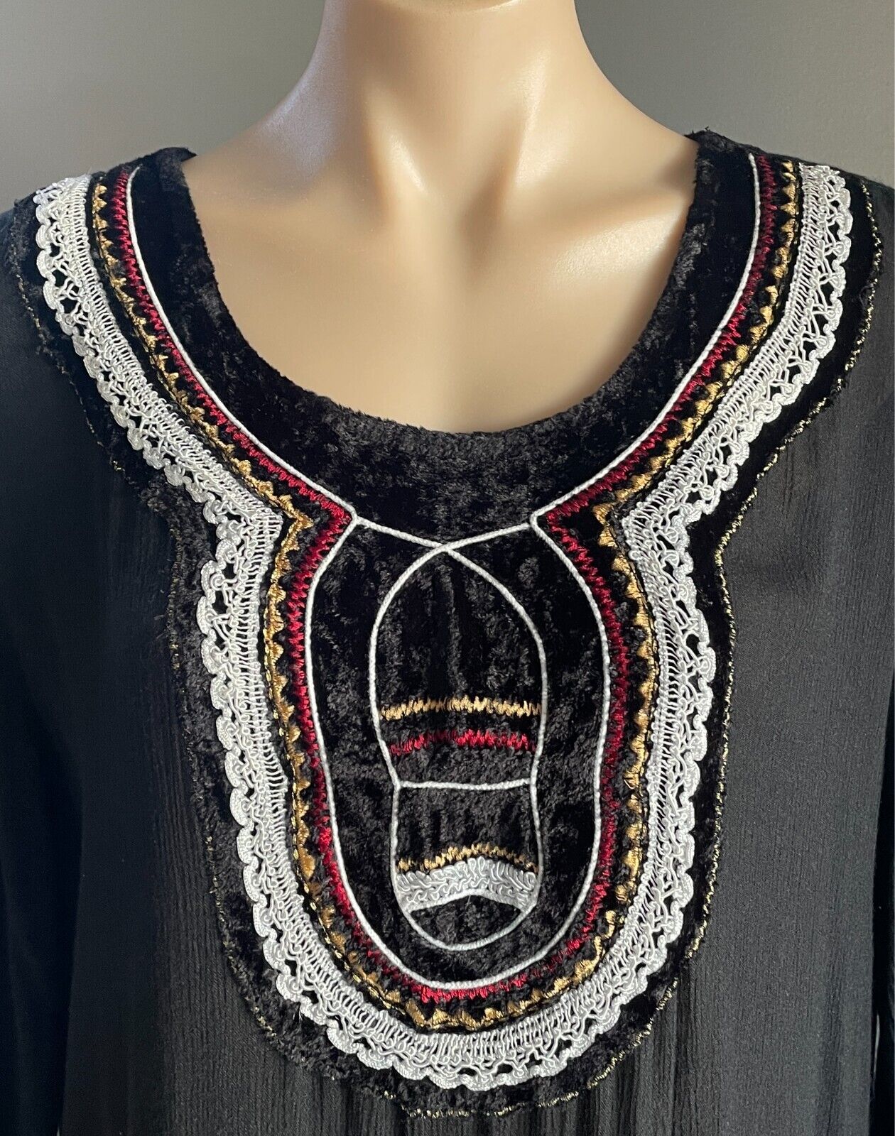 PEACE ANGEL Maxi Dress Black Long Sleeve Tier Size XL Semi Sheer Embroidery Trim