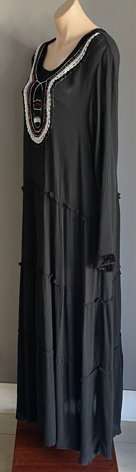 PEACE ANGEL Maxi Dress Black Long Sleeve Tier Size XL Semi Sheer Embroidery Trim