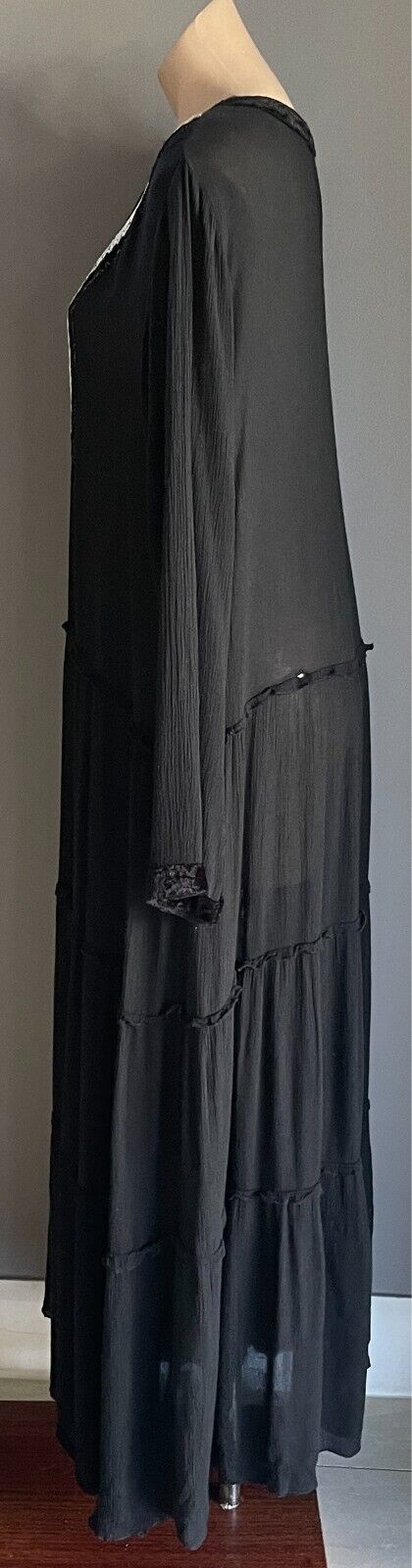 PEACE ANGEL Maxi Dress Black Long Sleeve Tier Size XL Semi Sheer Embroidery Trim