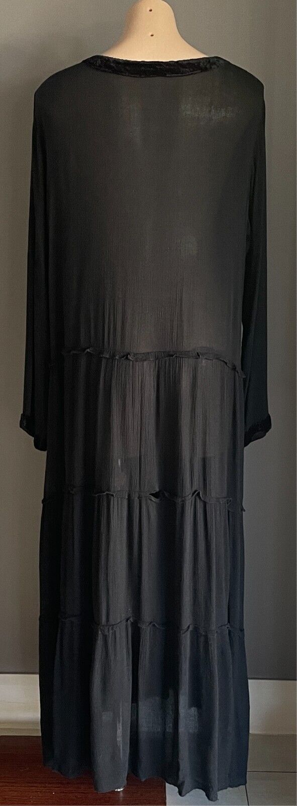 PEACE ANGEL Maxi Dress Black Long Sleeve Tier Size XL Semi Sheer Embroidery Trim