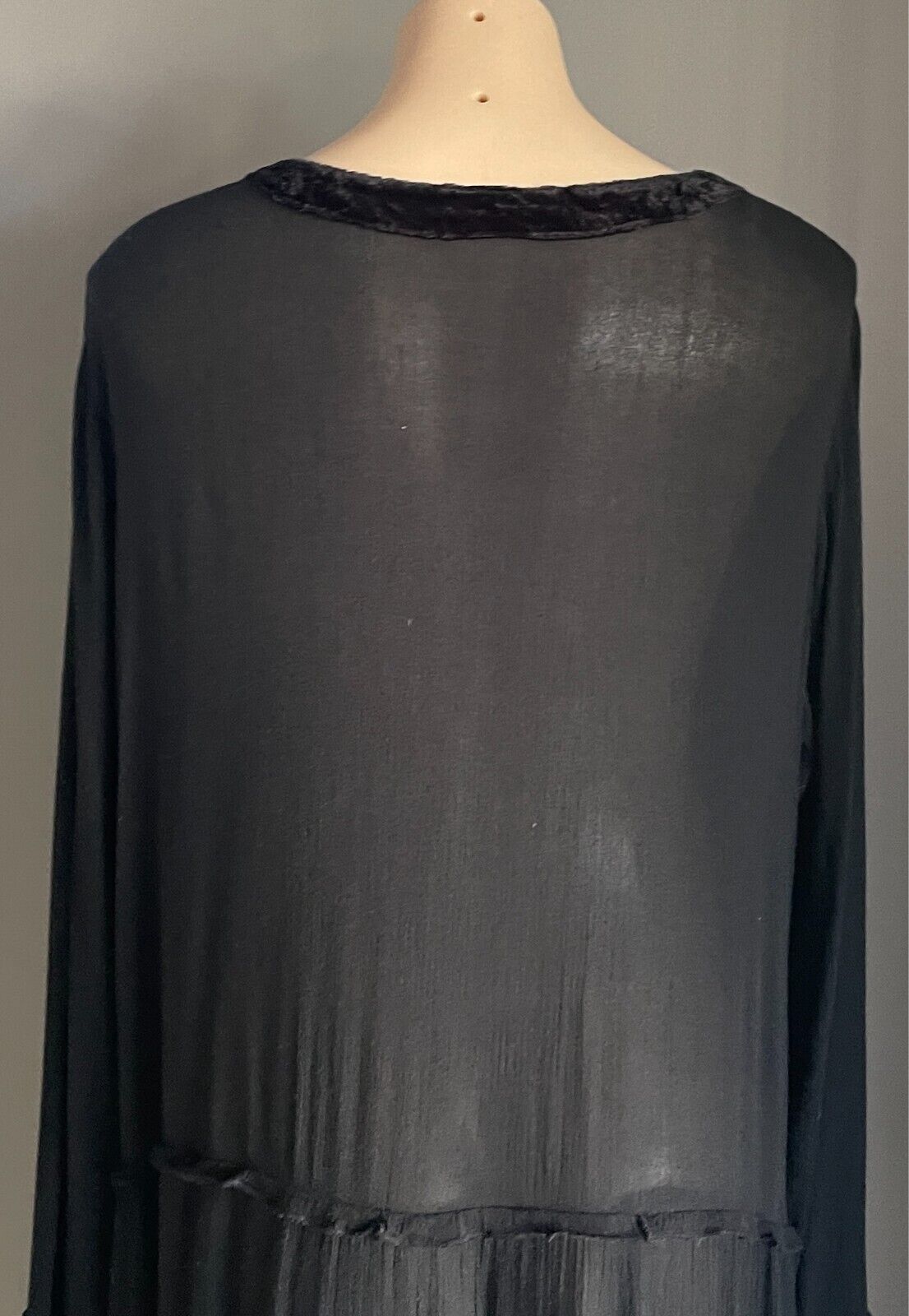 PEACE ANGEL Maxi Dress Black Long Sleeve Tier Size XL Semi Sheer Embroidery Trim