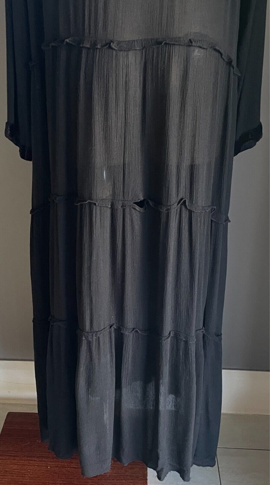 PEACE ANGEL Maxi Dress Black Long Sleeve Tier Size XL Semi Sheer Embroidery Trim
