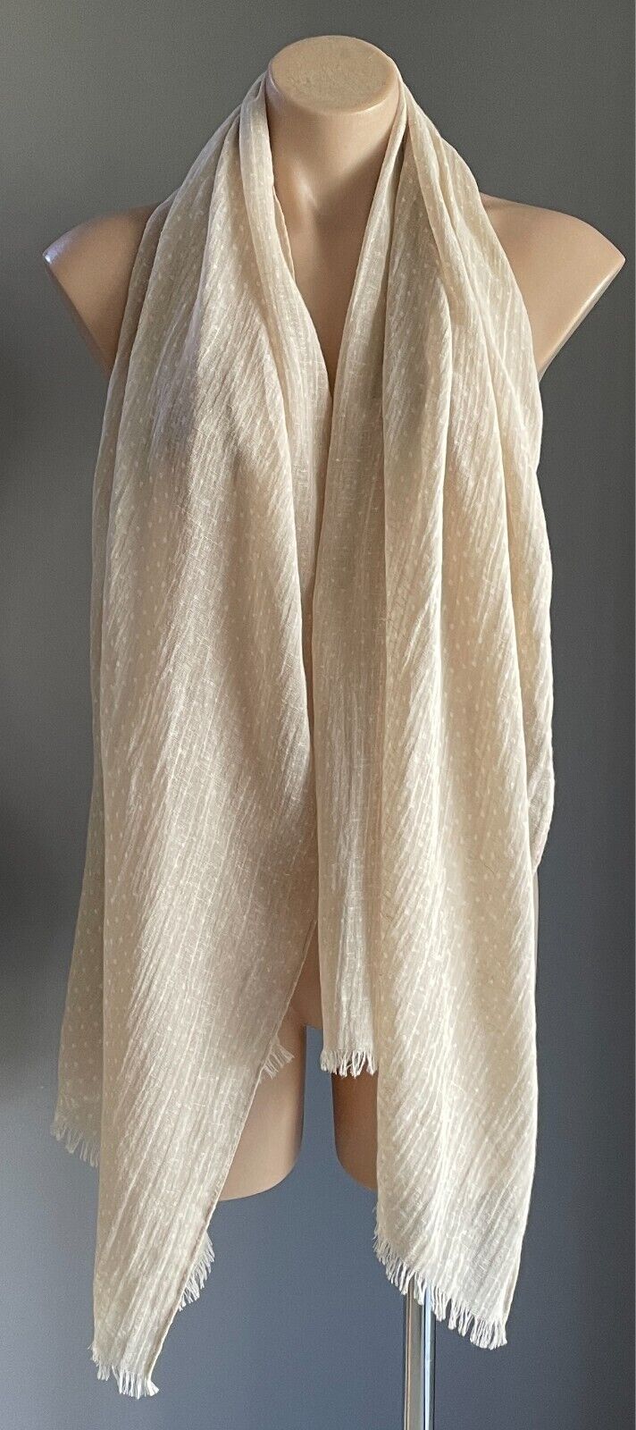 SCARF Beige White Polka Dot NECK WRAP Rectangle Shape Lightweight Cotton Fringe