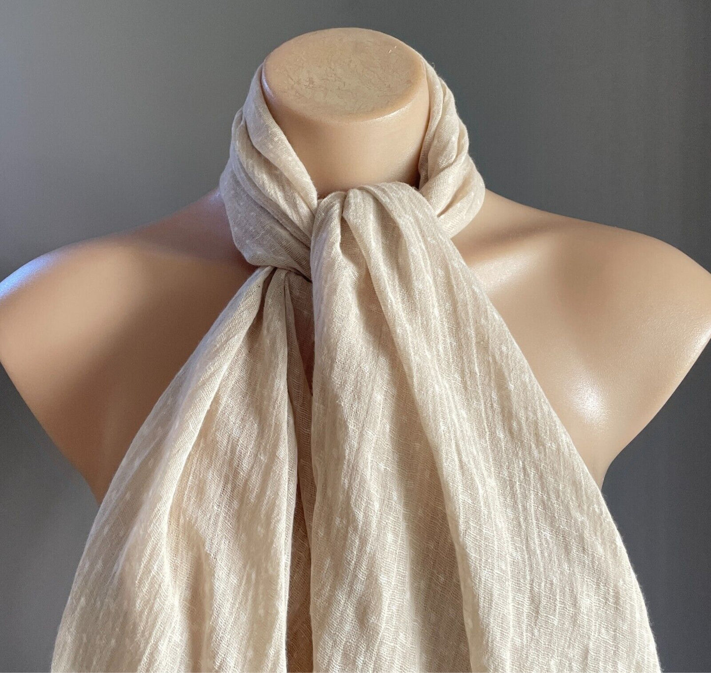 SCARF Beige White Polka Dot NECK WRAP Rectangle Shape Lightweight Cotton Fringe