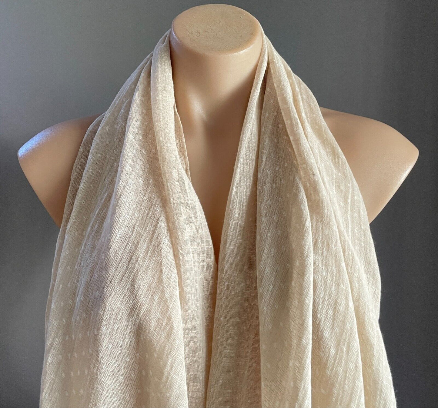 SCARF Beige White Polka Dot NECK WRAP Rectangle Shape Lightweight Cotton Fringe