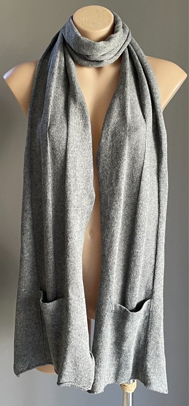 Grey Wool Blend Knit Scarf Rectangle Shape Pocket At Each End
