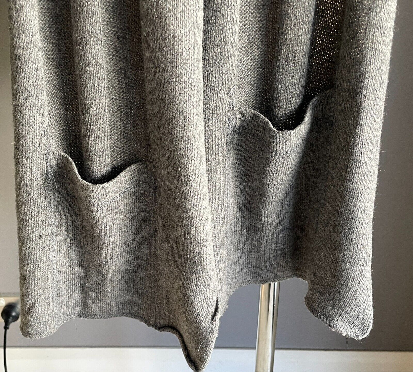 Grey Wool Blend Knit Scarf Rectangle Shape Pocket At Each End