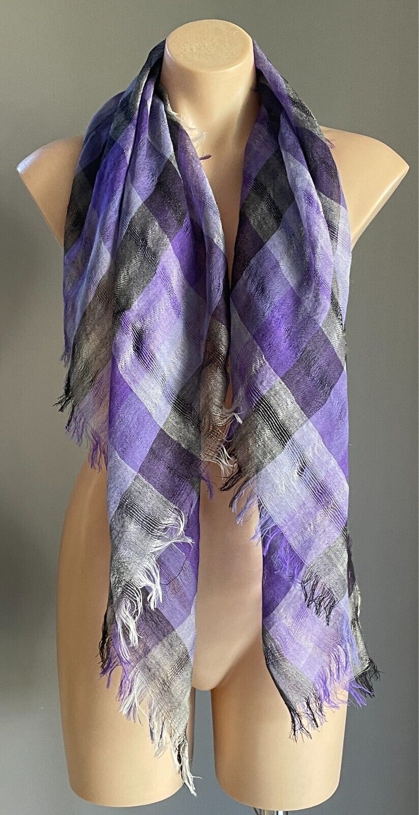Square Neck Scarf Purple Black & Grey Check Print Light Large Wrap Shawl