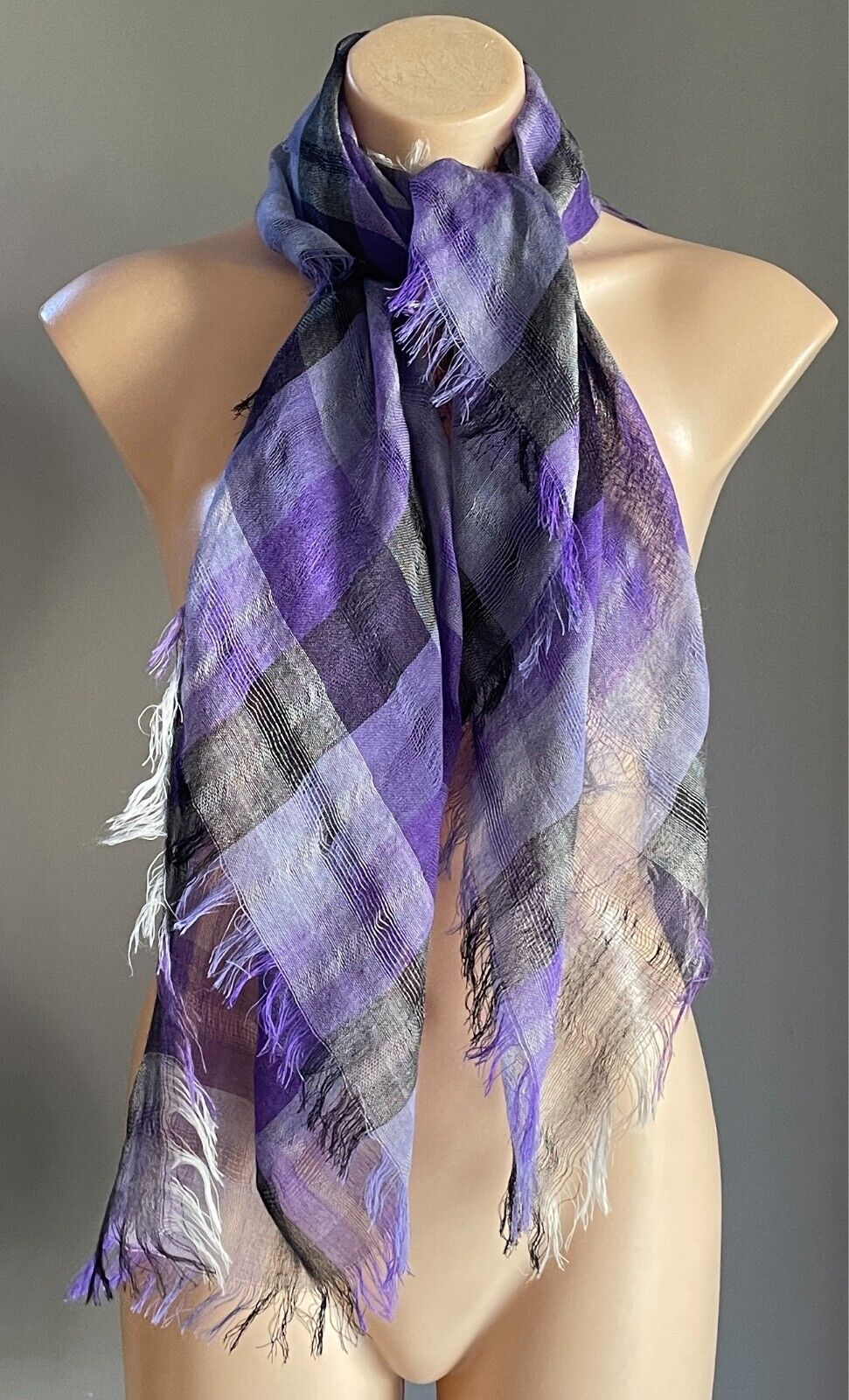 Square Neck Scarf Purple Black & Grey Check Print Light Large Wrap Shawl