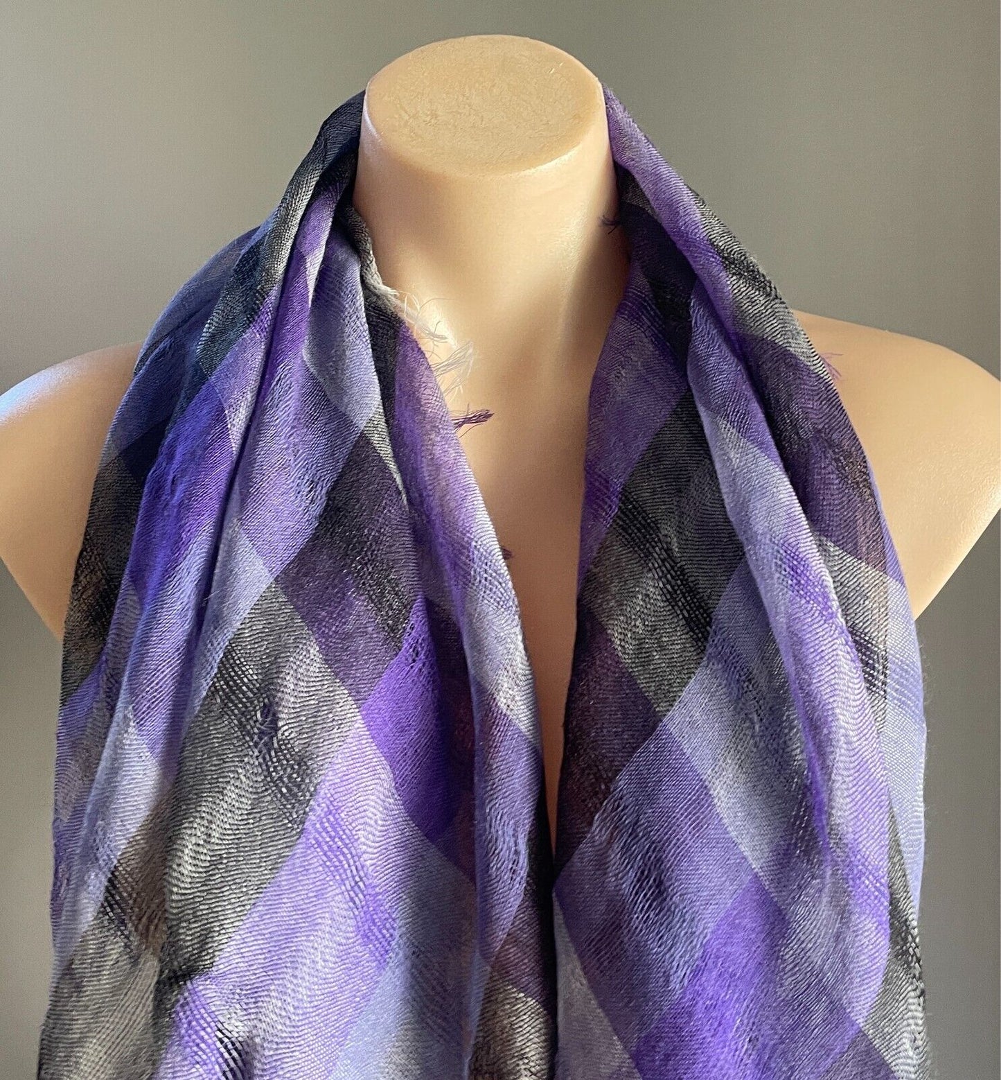 Square Neck Scarf Purple Black & Grey Check Print Light Large Wrap Shawl