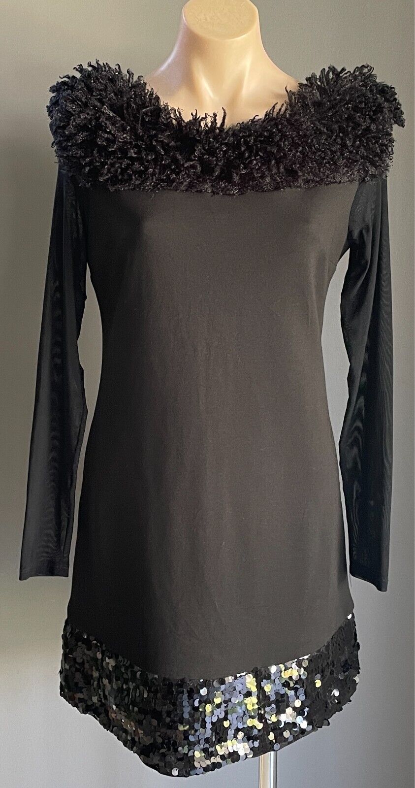 QUEEN FASHION Sheath Dress Black Sequin Hem Sheer Long Sleeves Size M Wool Trim