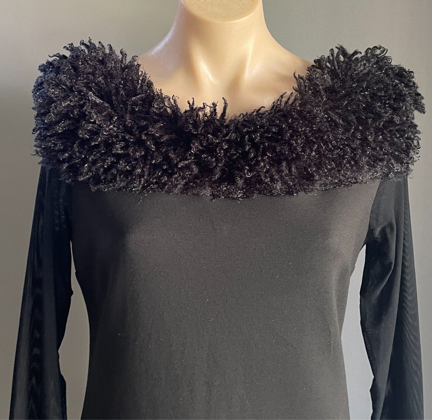 QUEEN FASHION Sheath Dress Black Sequin Hem Sheer Long Sleeves Size M Wool Trim