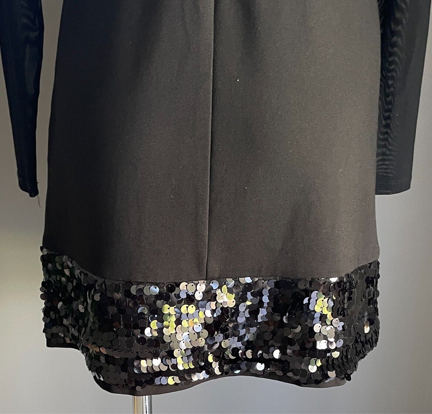 QUEEN FASHION Sheath Dress Black Sequin Hem Sheer Long Sleeves Size M Wool Trim