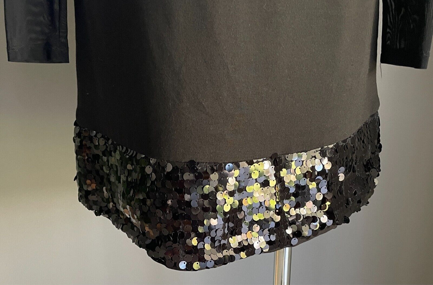 QUEEN FASHION Sheath Dress Black Sequin Hem Sheer Long Sleeves Size M Wool Trim