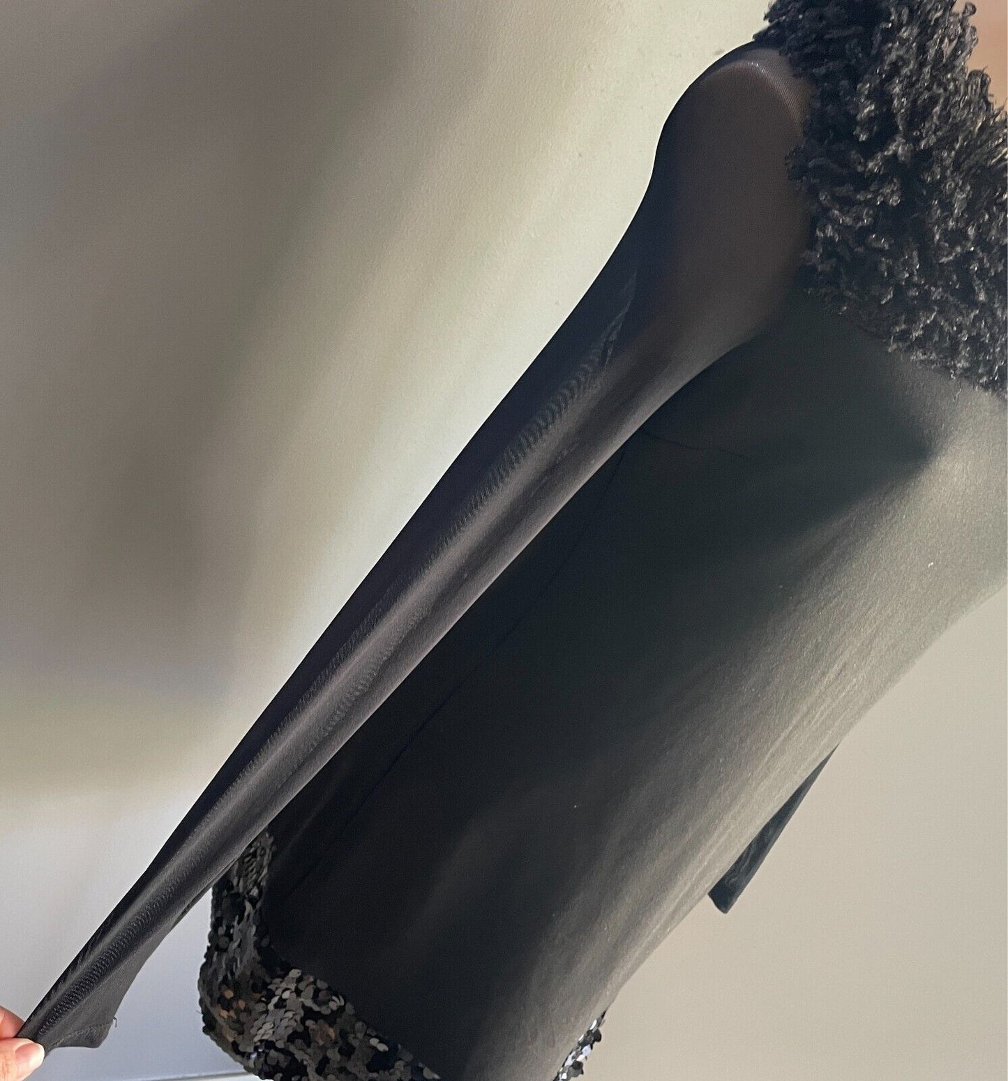 QUEEN FASHION Sheath Dress Black Sequin Hem Sheer Long Sleeves Size M Wool Trim