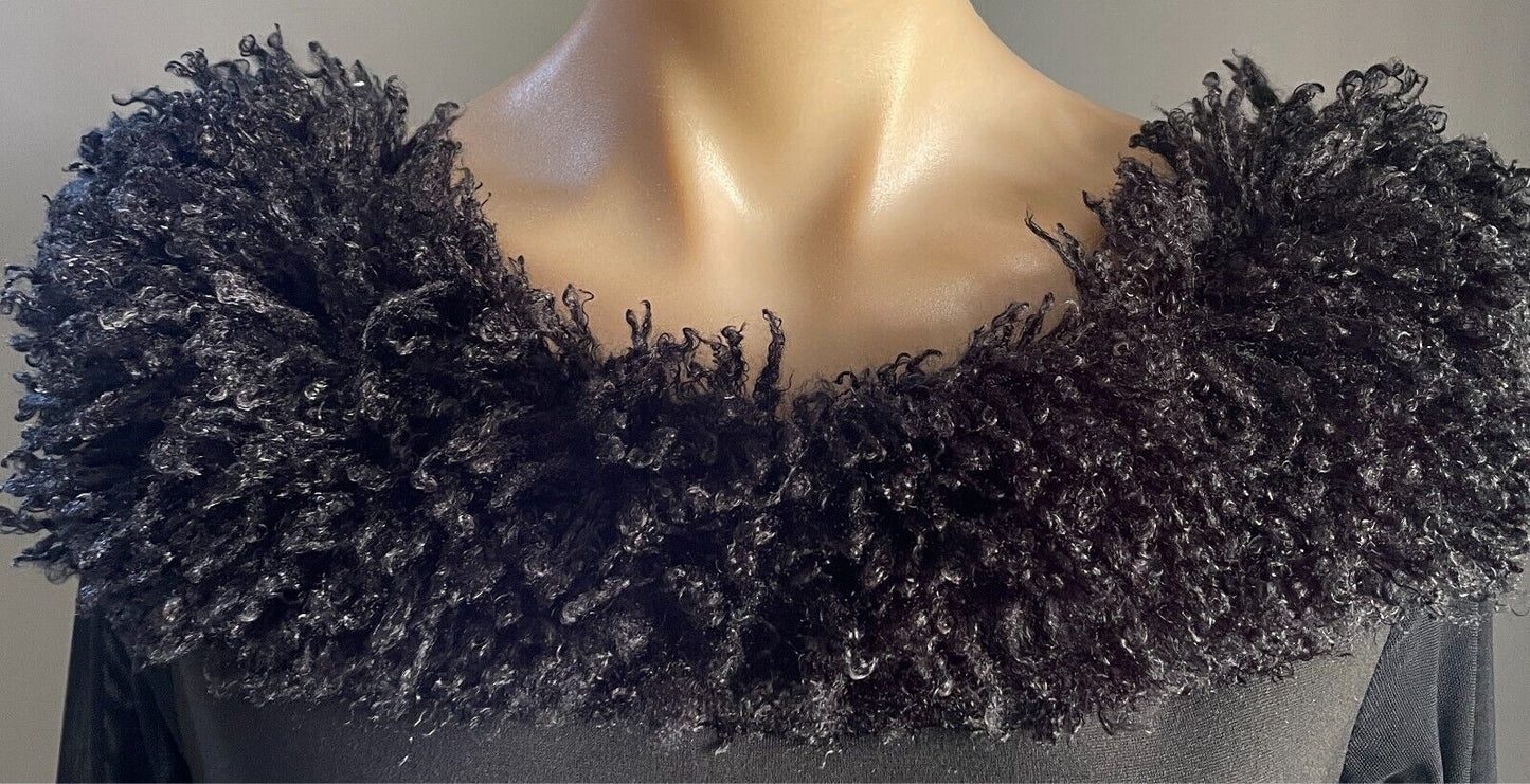 QUEEN FASHION Sheath Dress Black Sequin Hem Sheer Long Sleeves Size M Wool Trim