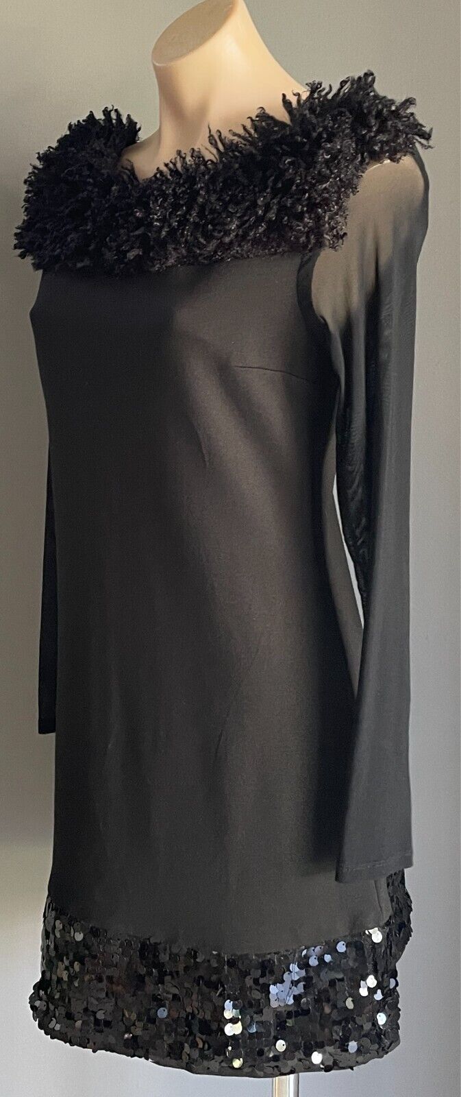 QUEEN FASHION Sheath Dress Black Sequin Hem Sheer Long Sleeves Size M Wool Trim