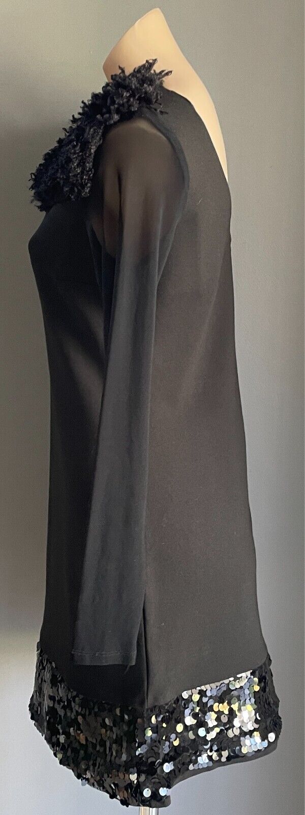 QUEEN FASHION Sheath Dress Black Sequin Hem Sheer Long Sleeves Size M Wool Trim