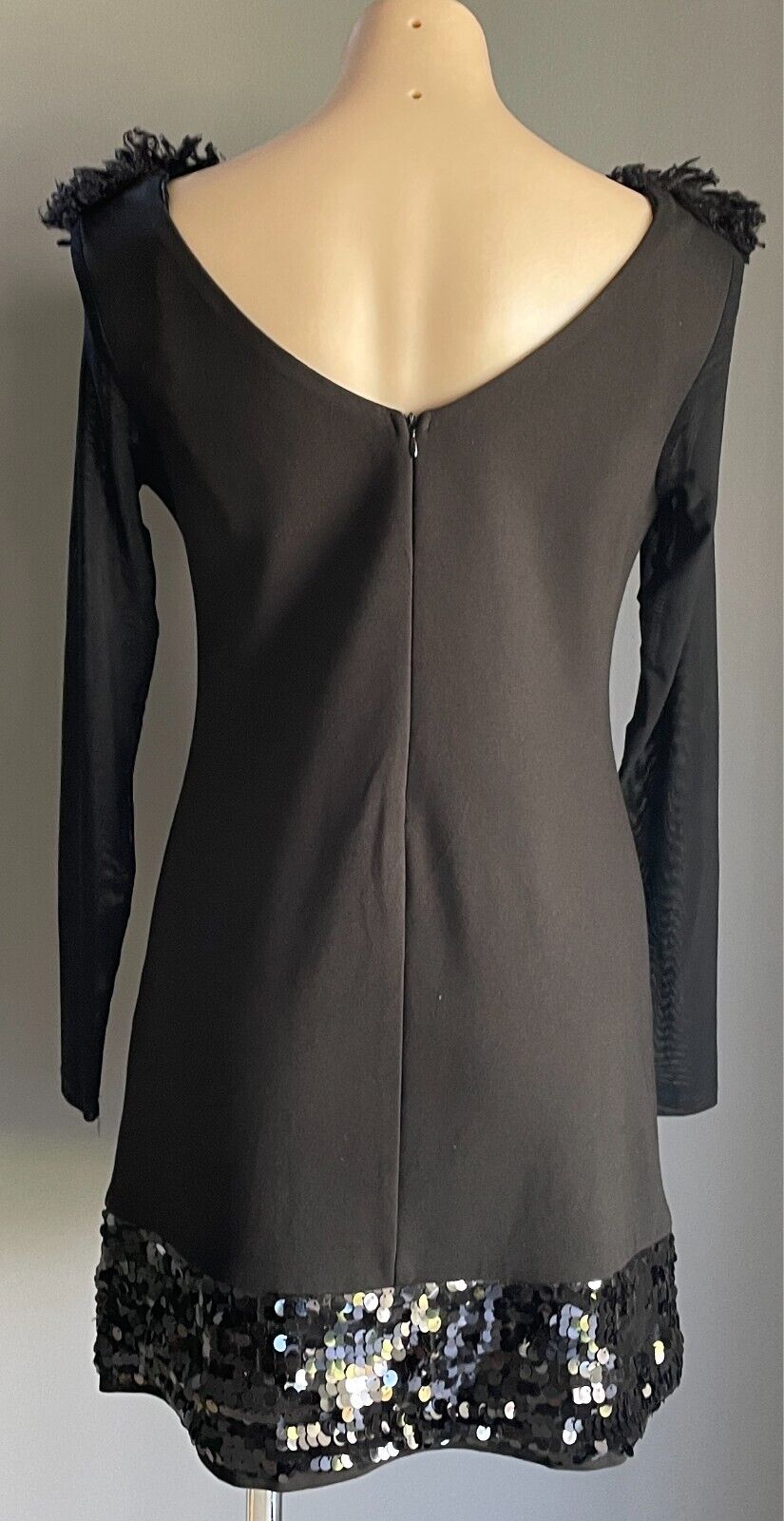 QUEEN FASHION Sheath Dress Black Sequin Hem Sheer Long Sleeves Size M Wool Trim