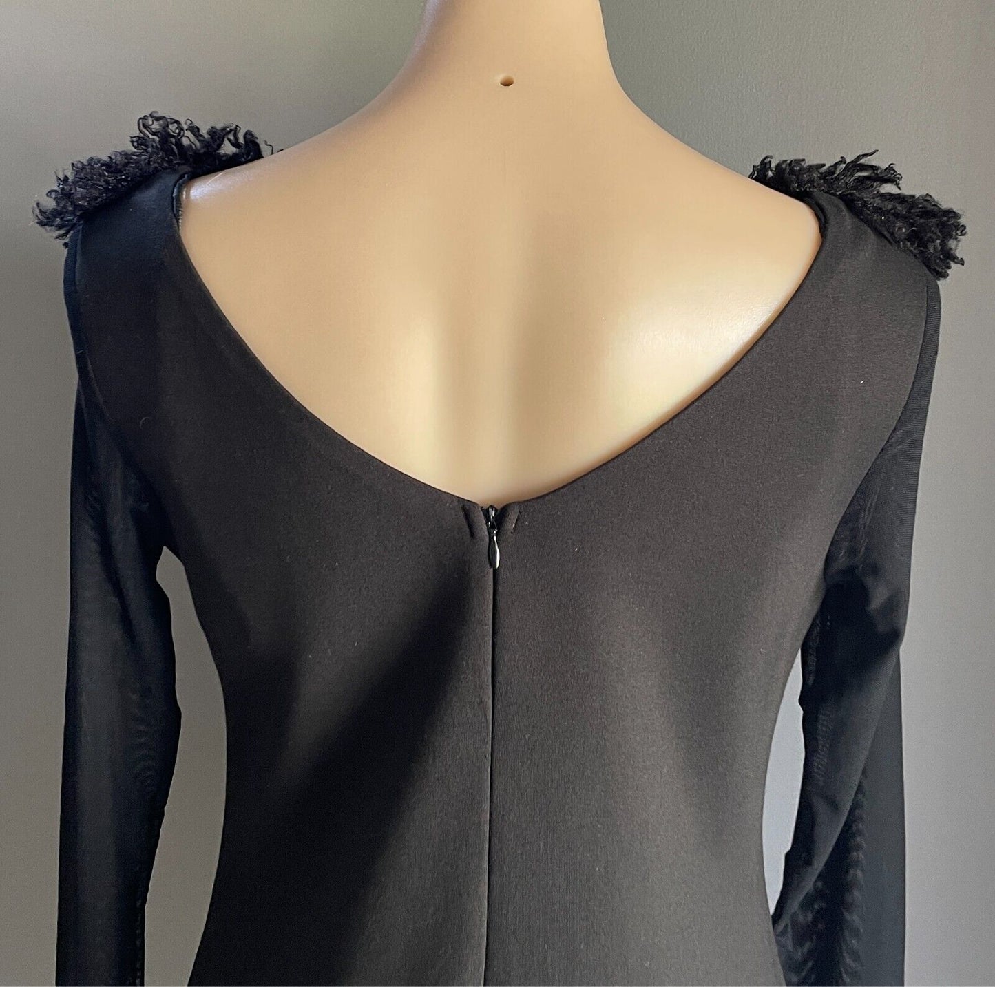QUEEN FASHION Sheath Dress Black Sequin Hem Sheer Long Sleeves Size M Wool Trim