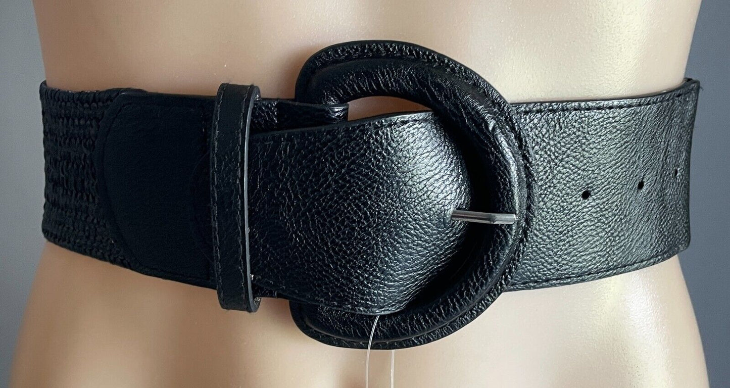 CROSSROADS Belt Black Elastic Raffia Woven 5.5cm Wide Size S M 10 12  Buckle NEW