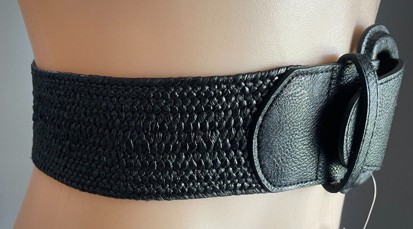 CROSSROADS Belt Black Elastic Raffia Woven 5.5cm Wide Size S M 10 12  Buckle NEW