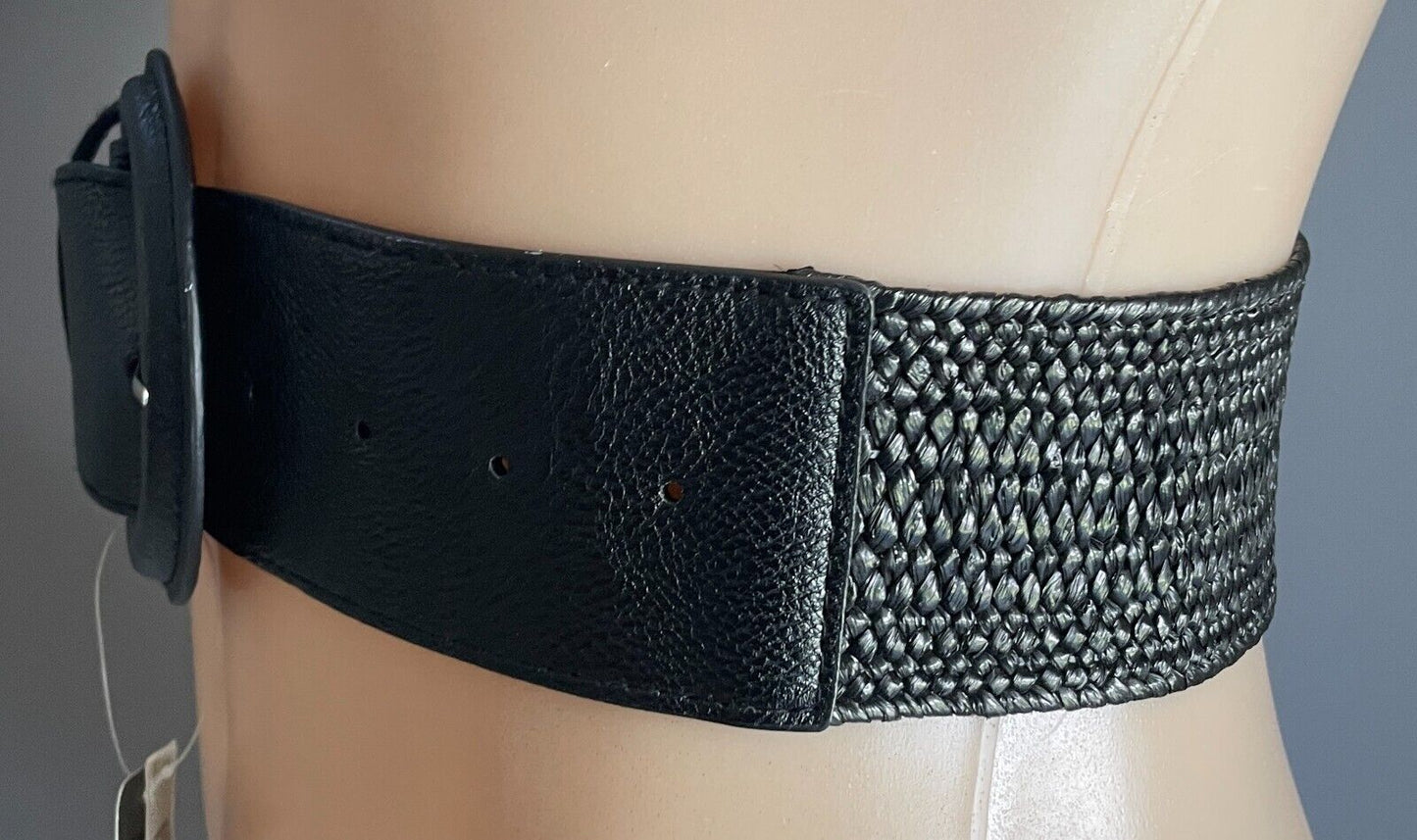 CROSSROADS Belt Black Elastic Raffia Woven 5.5cm Wide Size S M 10 12  Buckle NEW