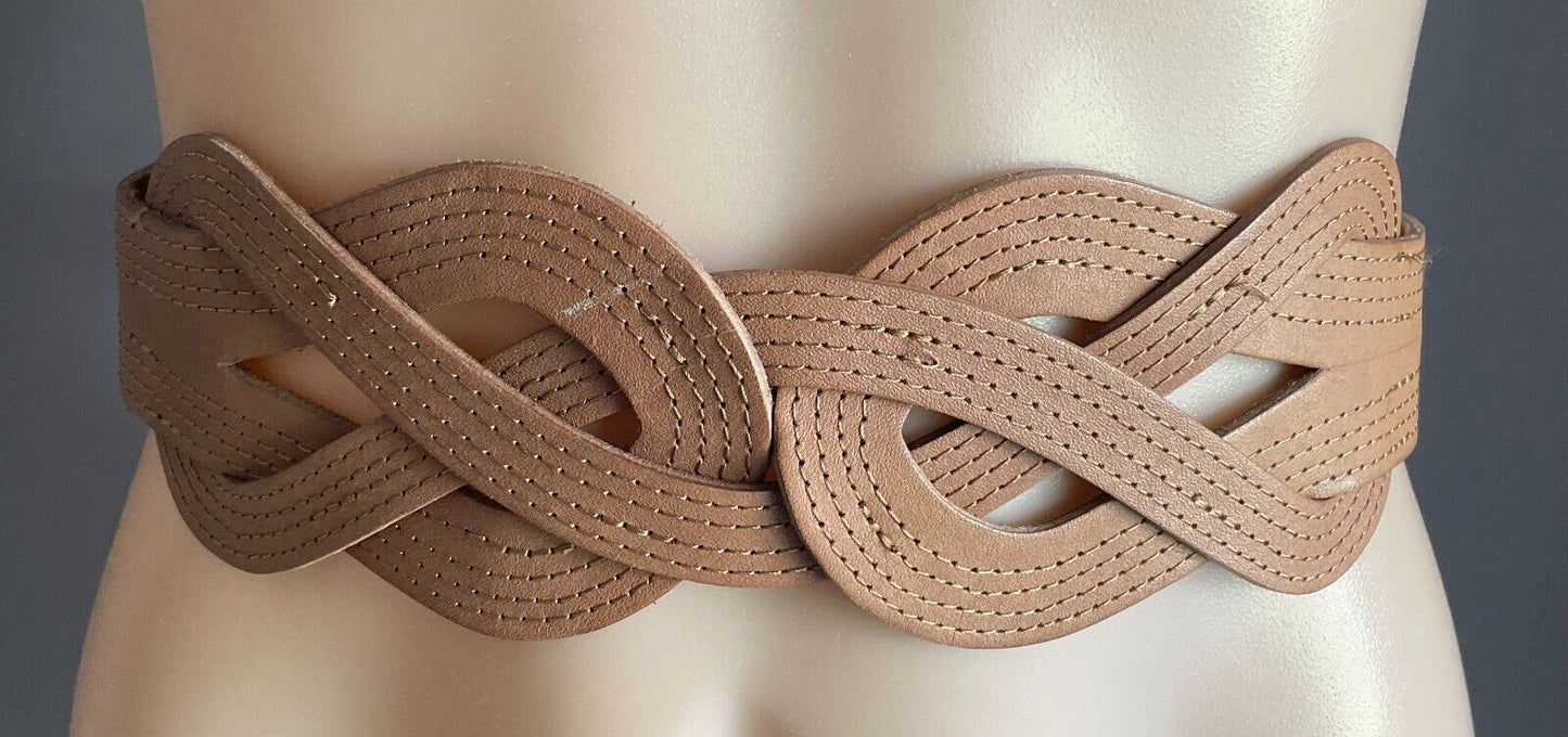 Leather Belt Light Brown Size S M 10 12 Woven Plaited Press Studs Statement Belt