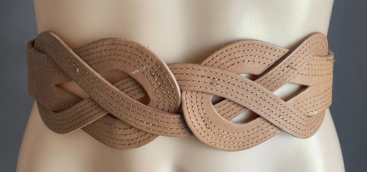 Leather Belt Light Brown Size S M 10 12 Woven Plaited Press Studs Statement Belt