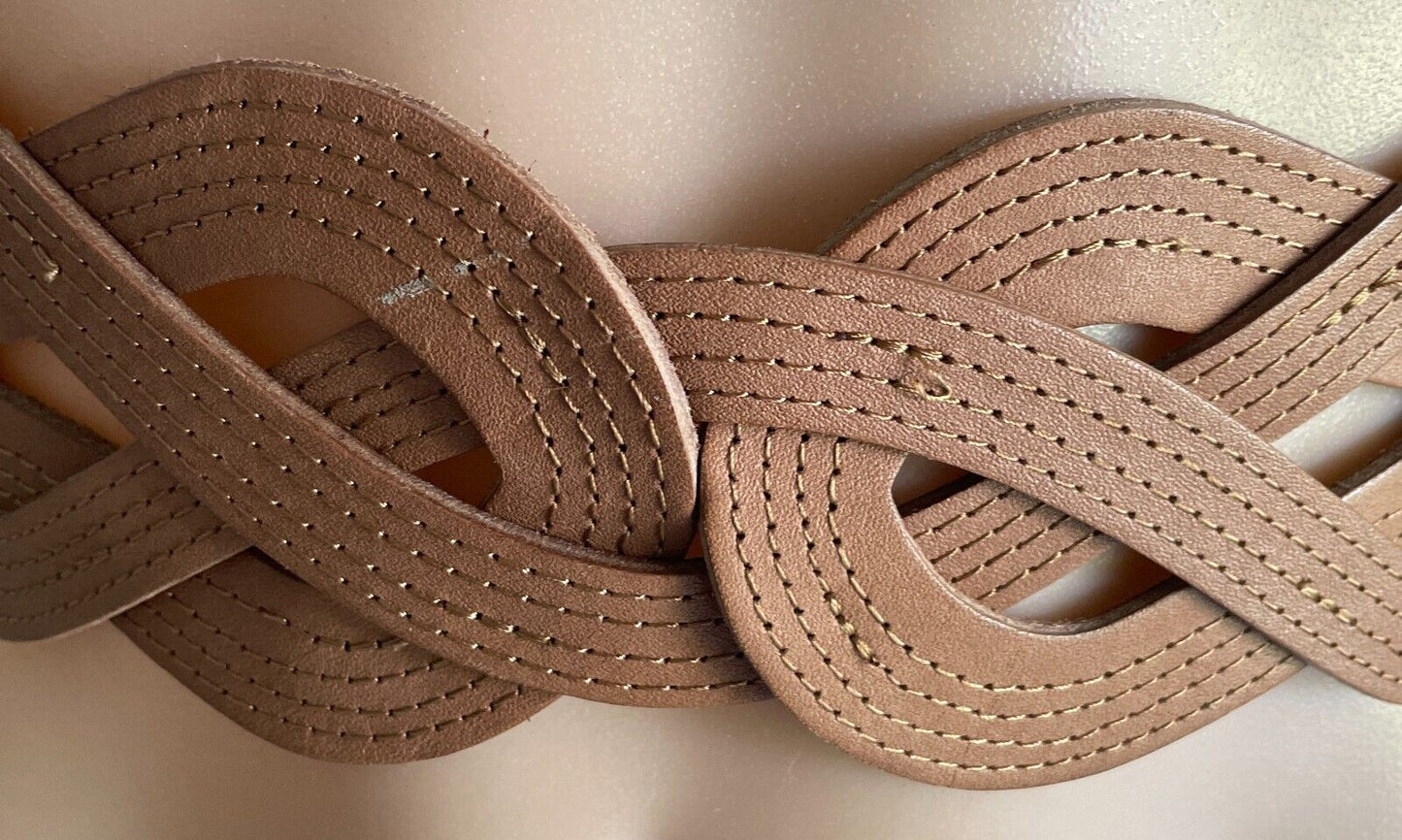 Leather Belt Light Brown Size S M 10 12 Woven Plaited Press Studs Statement Belt