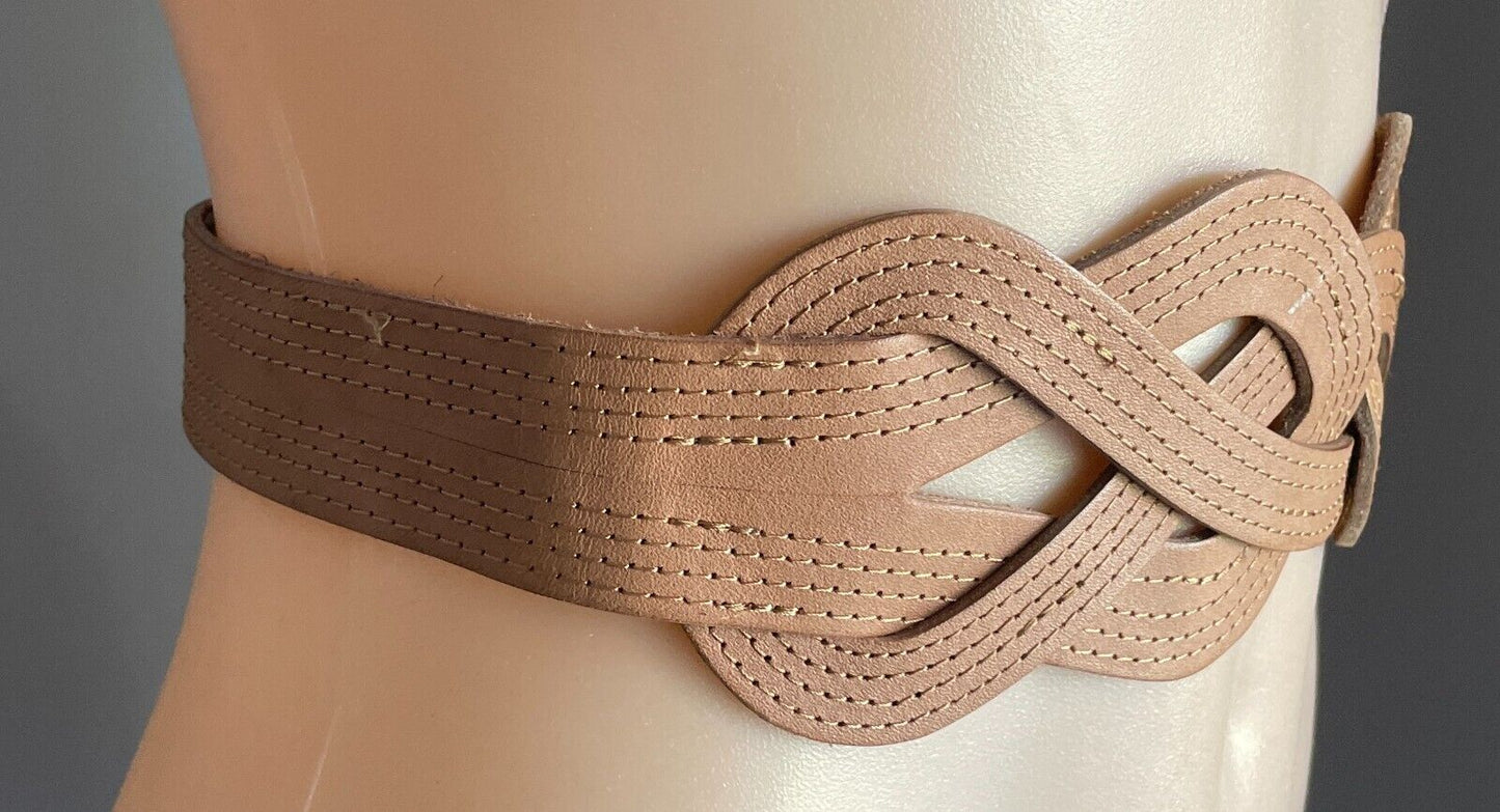 Leather Belt Light Brown Size S M 10 12 Woven Plaited Press Studs Statement Belt