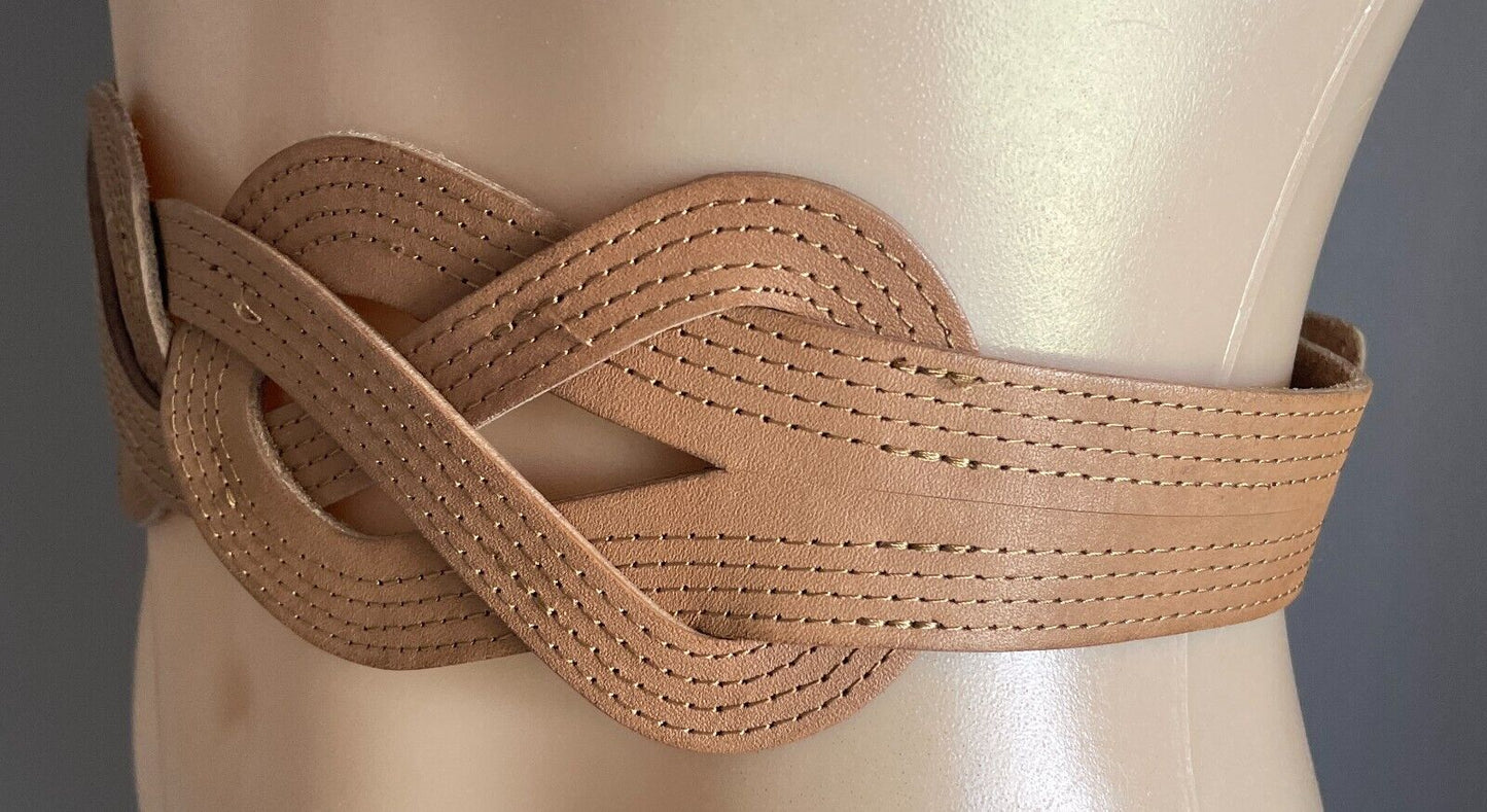 Leather Belt Light Brown Size S M 10 12 Woven Plaited Press Studs Statement Belt