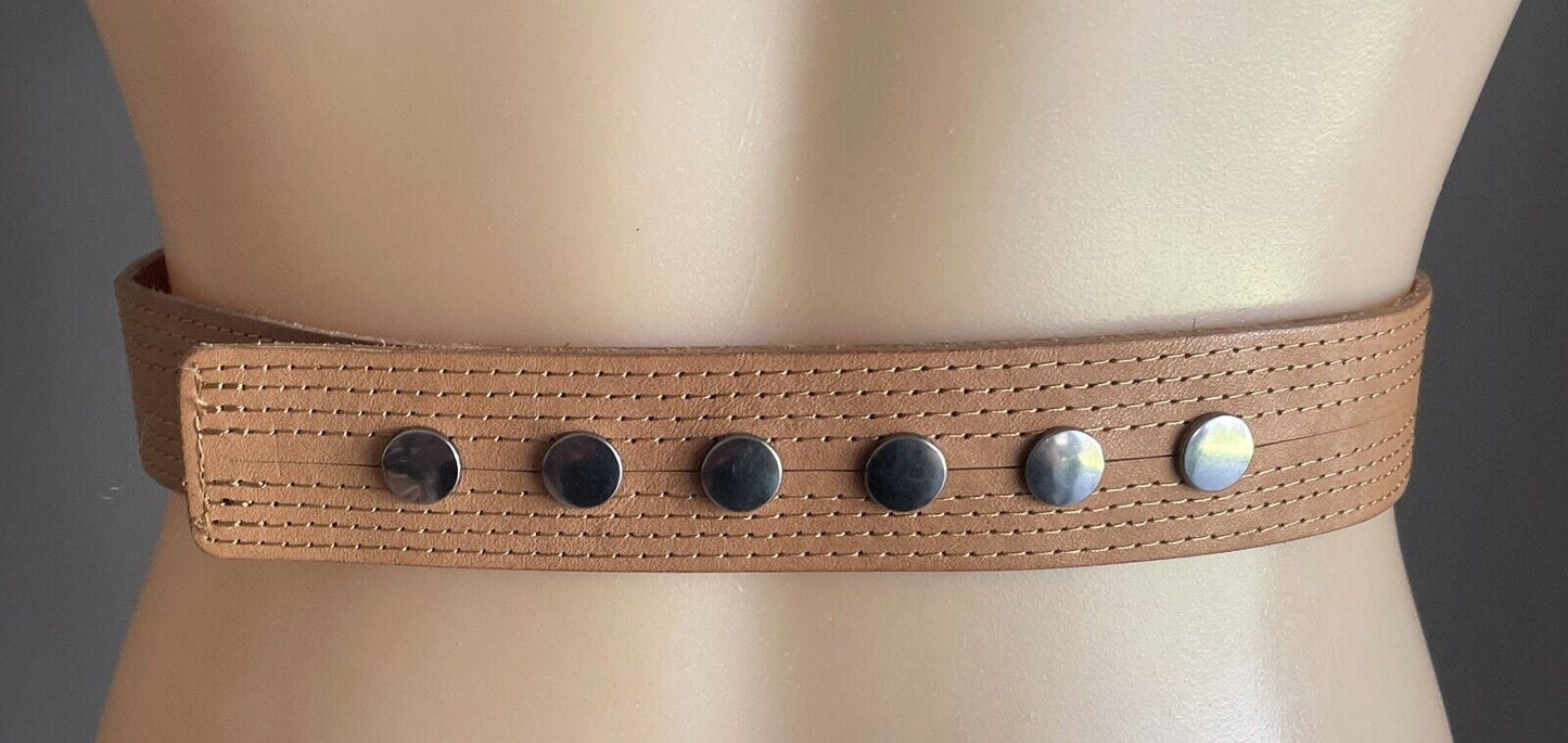 Leather Belt Light Brown Size S M 10 12 Woven Plaited Press Studs Statement Belt