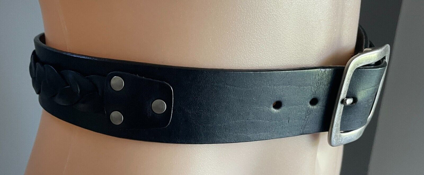 COLORADO Belt  Black Leather Plait Trim 4cm Wide Size XS 10 Fit Waist 67 - 82cm