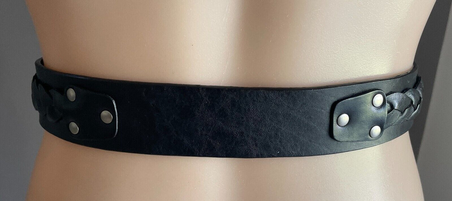 COLORADO Belt  Black Leather Plait Trim 4cm Wide Size XS 10 Fit Waist 67 - 82cm
