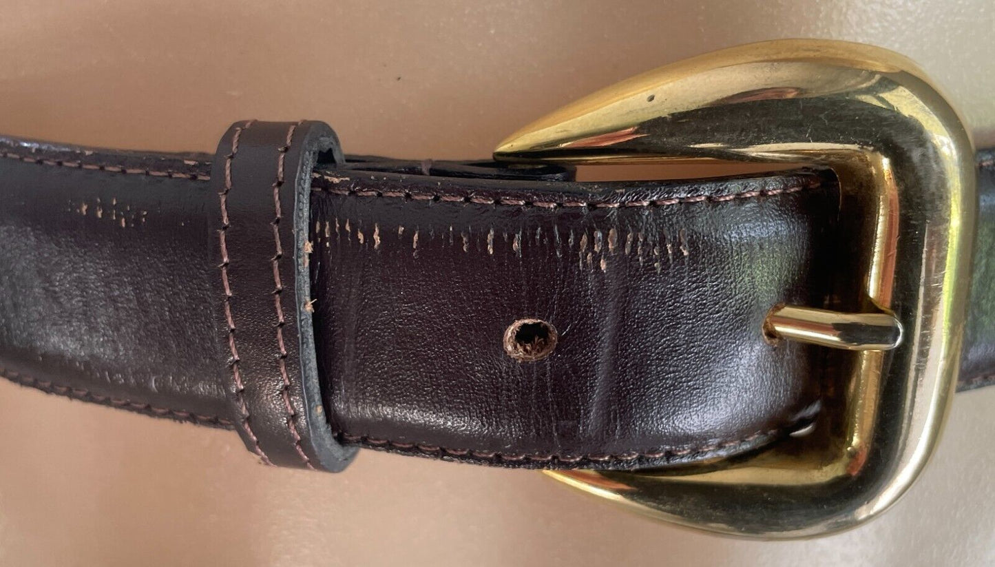 CARLO Leather Belt 3cm Wide Brown Large Buckle Size S 10 Waist 65 - 75cm Vintage