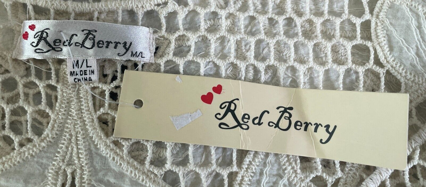 RED BERRY Crochet Floral Motif Tank Top Cream Sleeveless Size M L 10 12 NEW