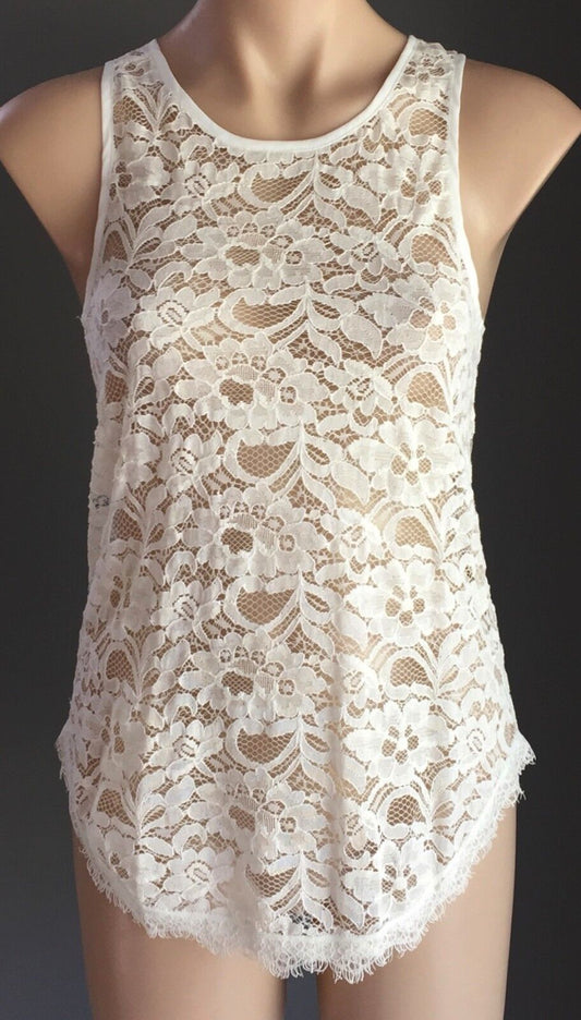 POSH PARIS Top Stretchy White Lace Racer Back Sleeveless Ladies Size S 8 10 NEW