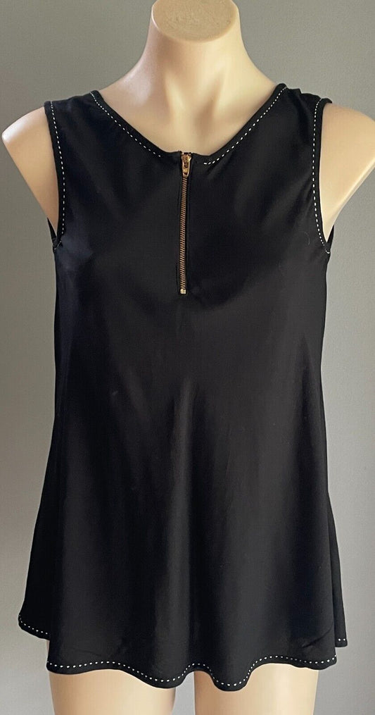 AKKRITI Top Black Sleeveless White Stitch Trim Bronze Front Zip Size S 10 NEW