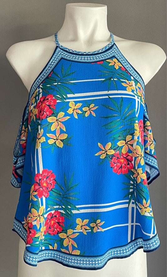 FLYING TOMATO Top Blue Floral Print Cold Shoulder Size XS 8 Short Flutter NEW
