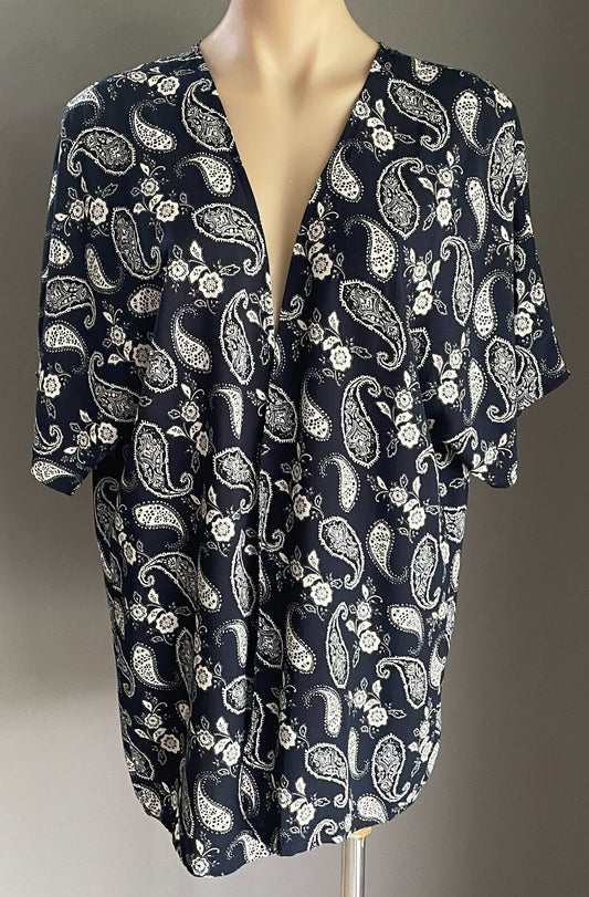 ICE FASHION Kimono Open Jacket Navy White Paisley Short Sleeve Size M 12 NEW