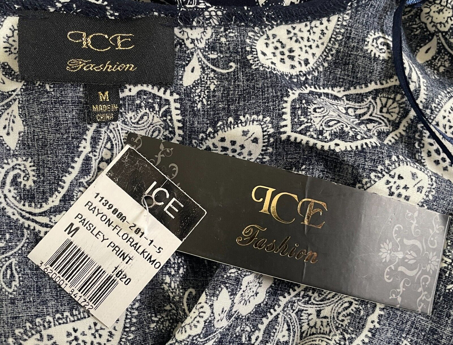 ICE FASHION Kimono Open Jacket Navy White Paisley Short Sleeve Size M 12 NEW