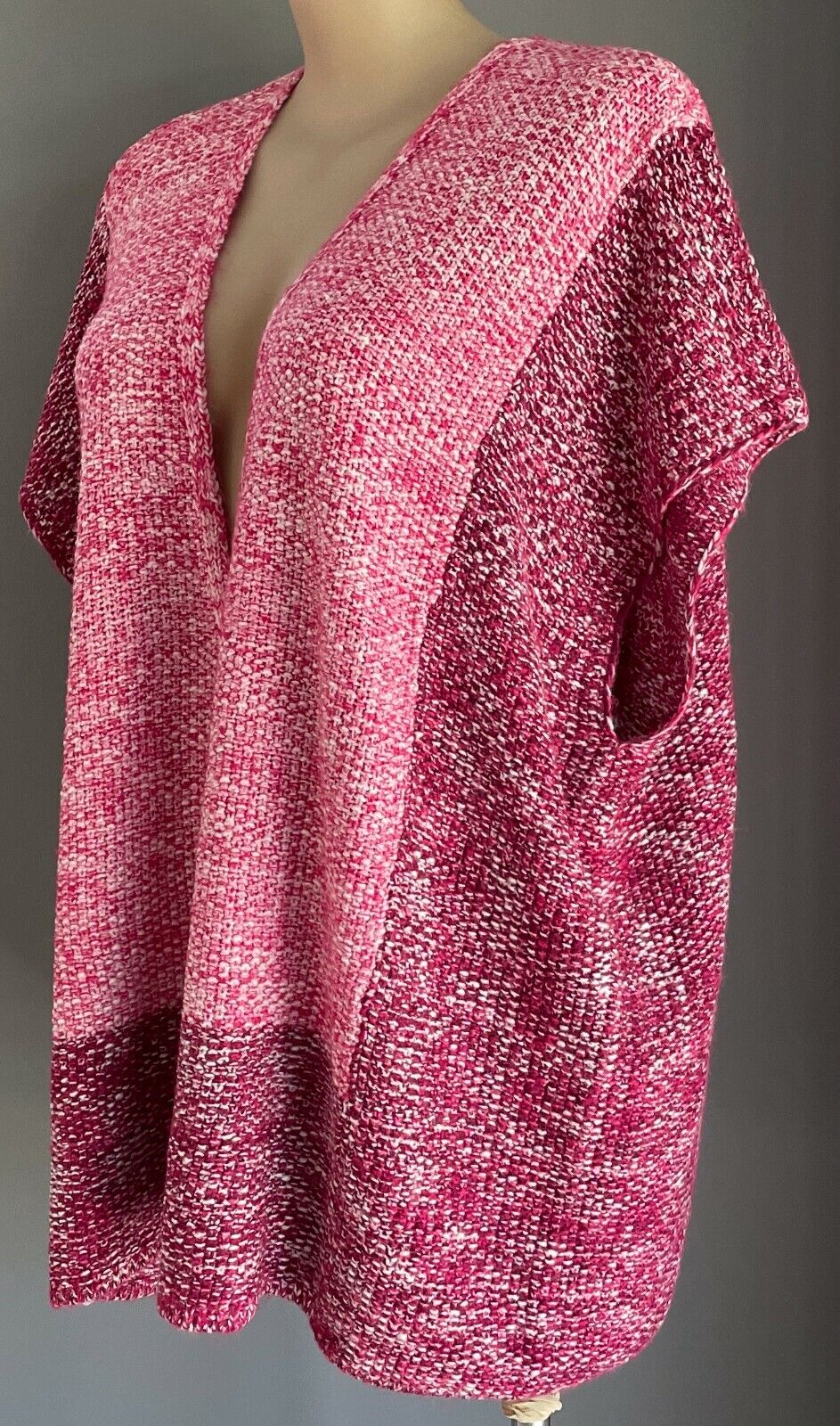AUTOGRAPH Top Short Sleeve Cardigan Cerise Pink White Chunky Knit Plus Size S 18