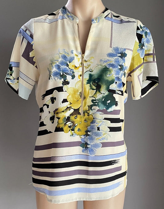 LATIN QUARTERS Zip Front Top White Blue Brown Short Sleeve Blouse Size M 12